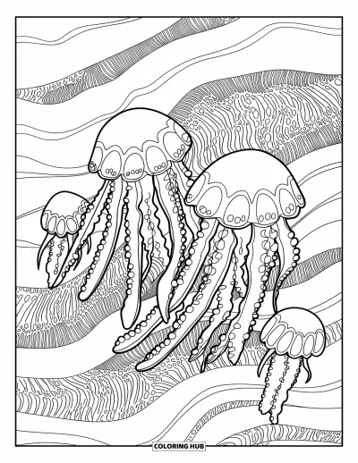 Ocean Animals Coloring Page for Adults: Jellyfish glide through coral layers filled with fine, fun details