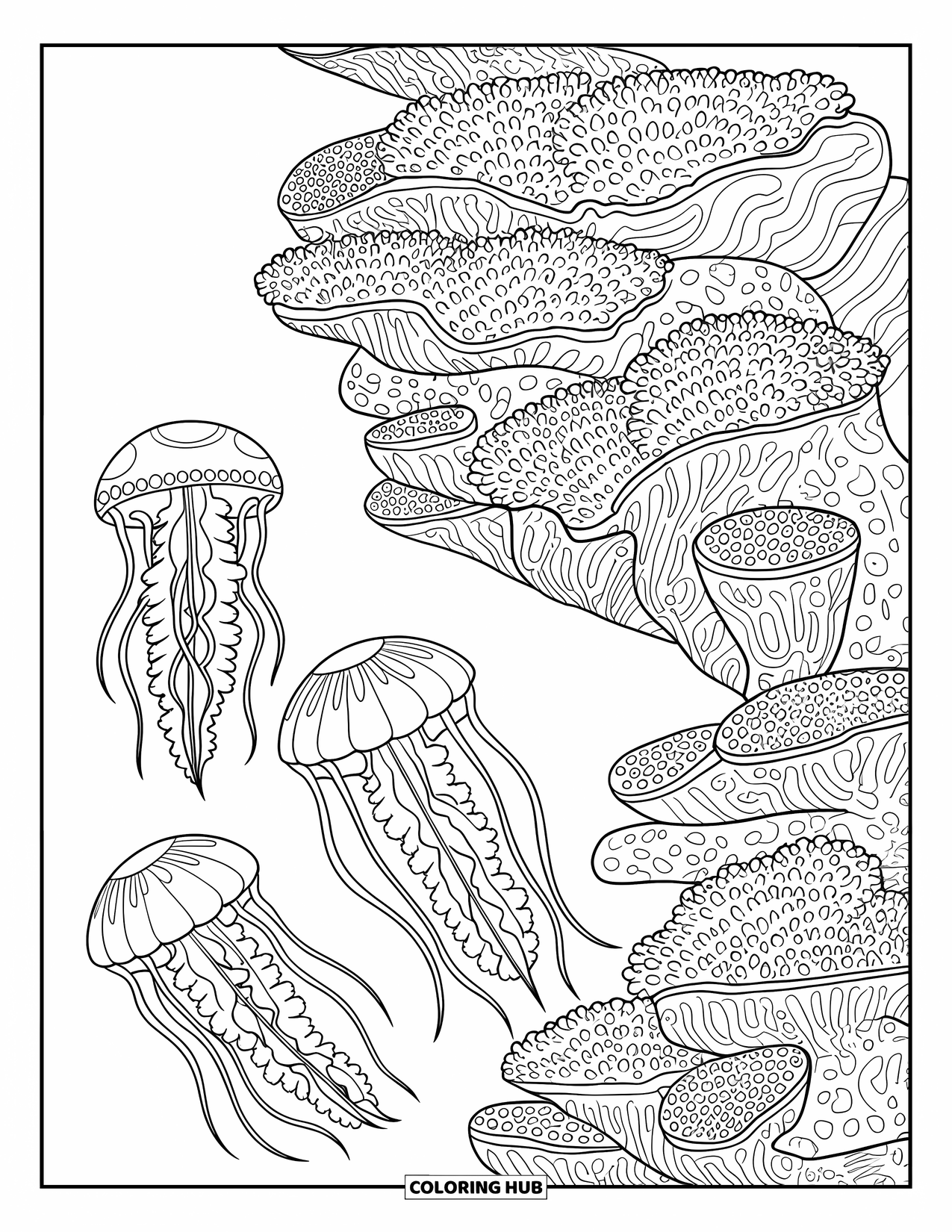 Desenho de Animais Marinhos para Colorir para Adultos: Águas-vivas com tentáculos fluidos flutuam acima de um recife de coral em camadas