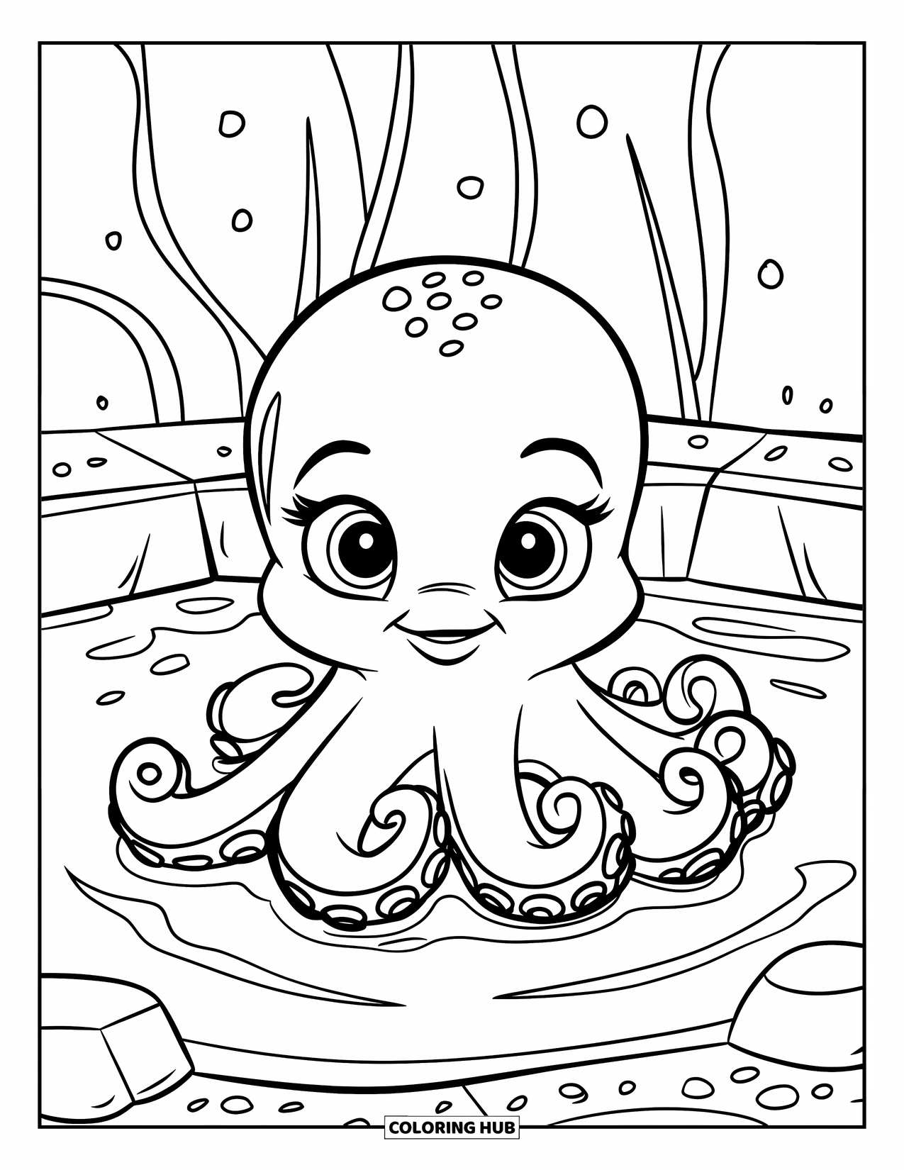 Desenho de Animais Marinhos para Crianças: Um bebê polvo relaxa em uma piscina com pedrinhas e bolhas subindo