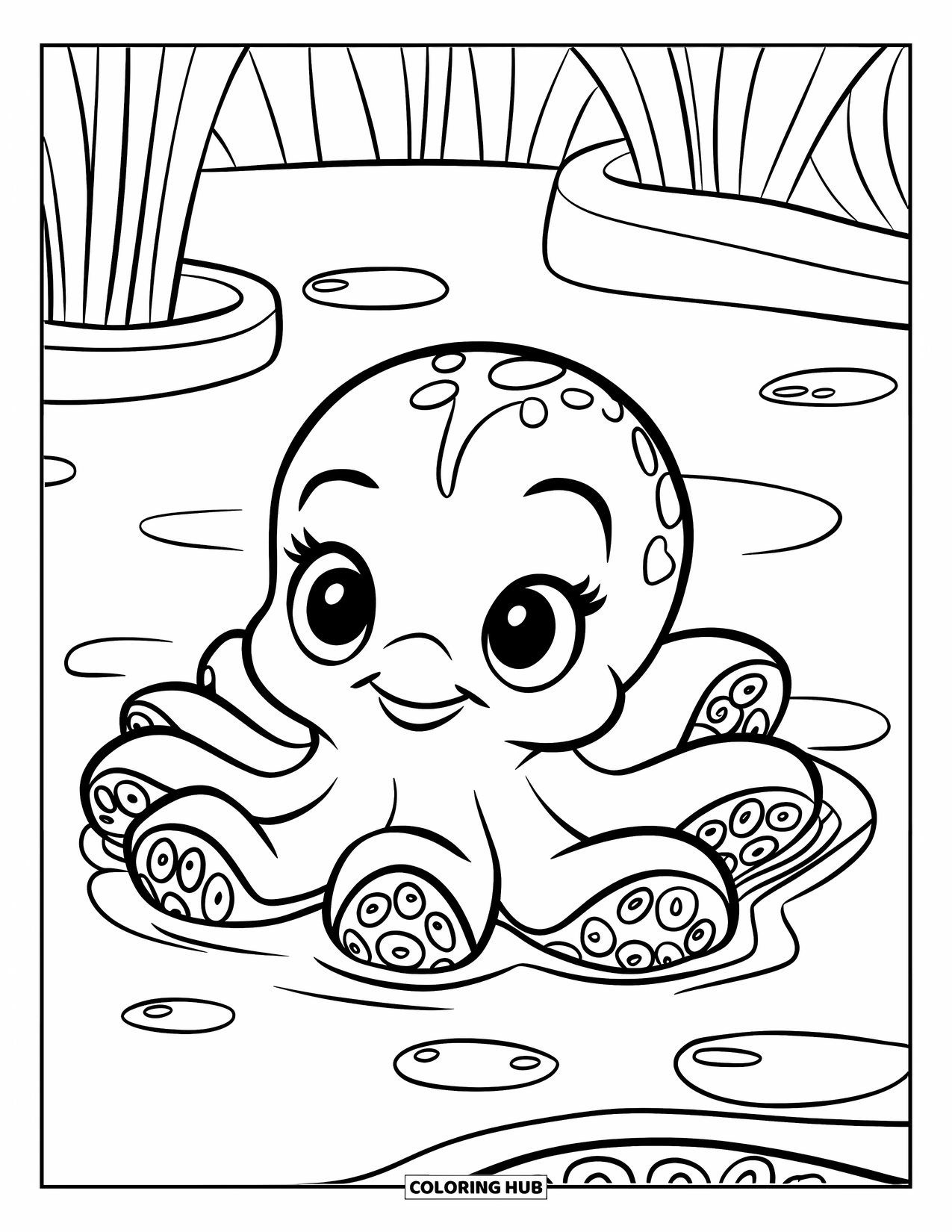 Desenho de Animais Marinhos para Crianças: Um bebê polvo senta-se pacificamente em uma poça com gotas de água ao redor