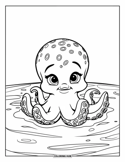 Ocean Animals Coloring Page for Kids: A baby octopus with curly tentacles rests quietly in a shallow pool