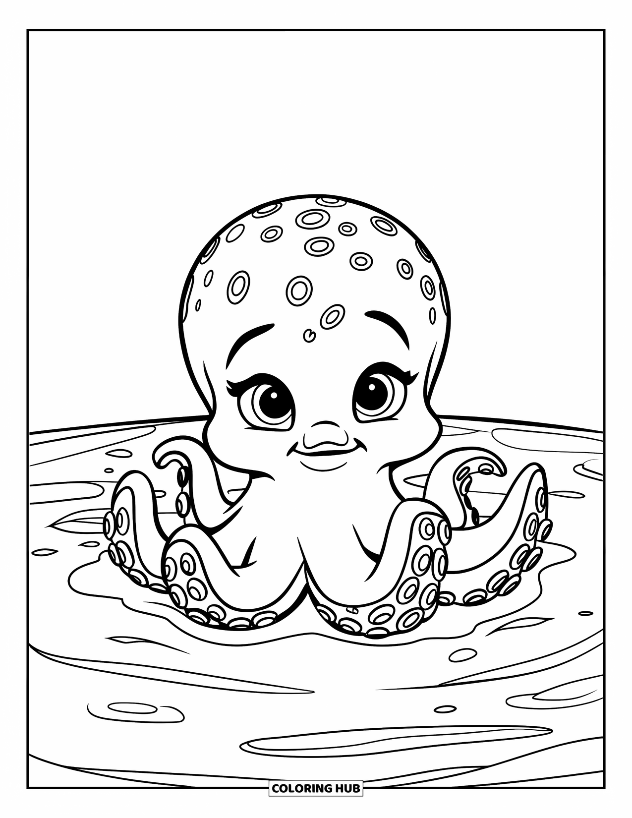 Desenho de Animais Marinhos para Crianças: Um bebê polvo com tentáculos encaracolados descansa silenciosamente em uma piscina rasa