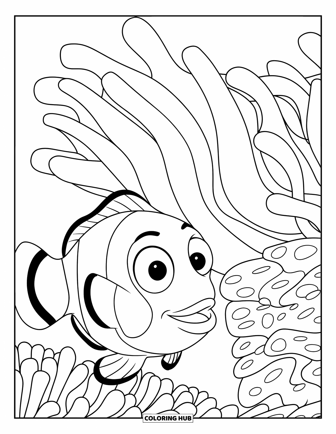 Desenho de Animais Marinhos para Crianças: Um peixe-palhaço de olhos grandes nada através de anêmonas ondulantes e pequenos pedaços de coral