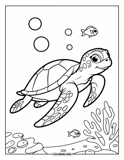 Ocean Animals Coloring Page for Kids: A big sea turtle floats with three bubbles near coral and fish