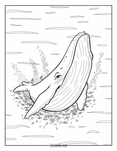 Ocean Animals Coloring Page for Kids: A blue whale bursts through tiny fish and bubbles with a wide open mouth