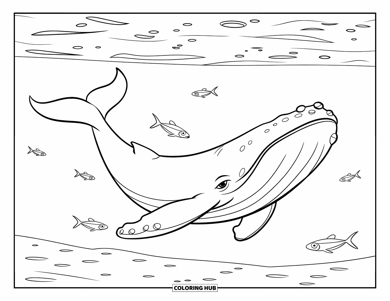 Desenho de Animais Marinhos para Crianças: Uma baleia azul nada acima de um fundo do mar arenoso com pequenos peixes por perto