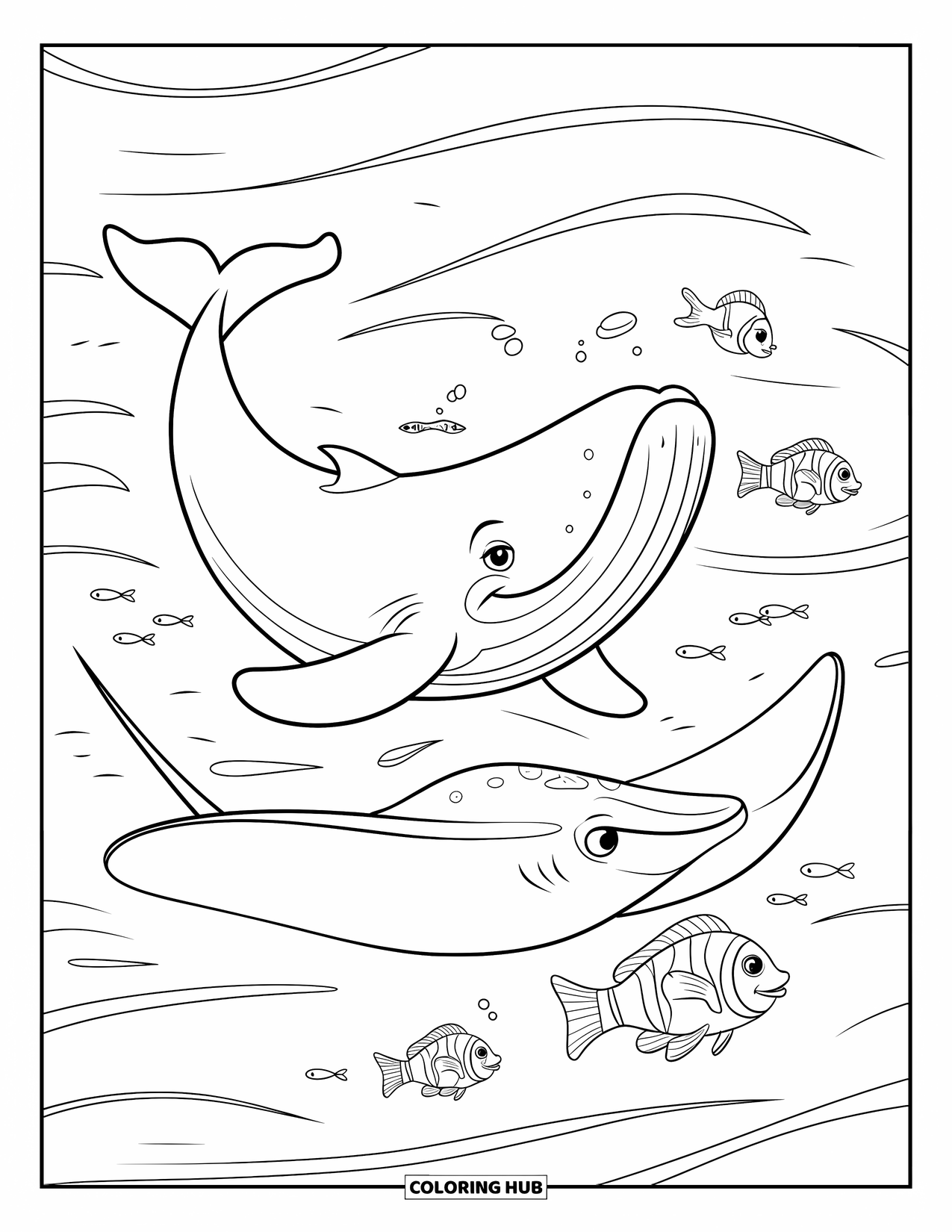 Desenho de Animais Marinhos para Crianças: Uma baleia azul nada calmamente com uma arraia e um peixe-palhaço por perto