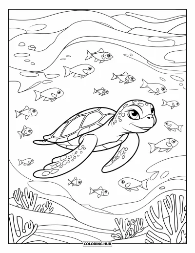 Ocean Animals Coloring Page for Kids: A calm turtle drifts as fish swirl through layered coral