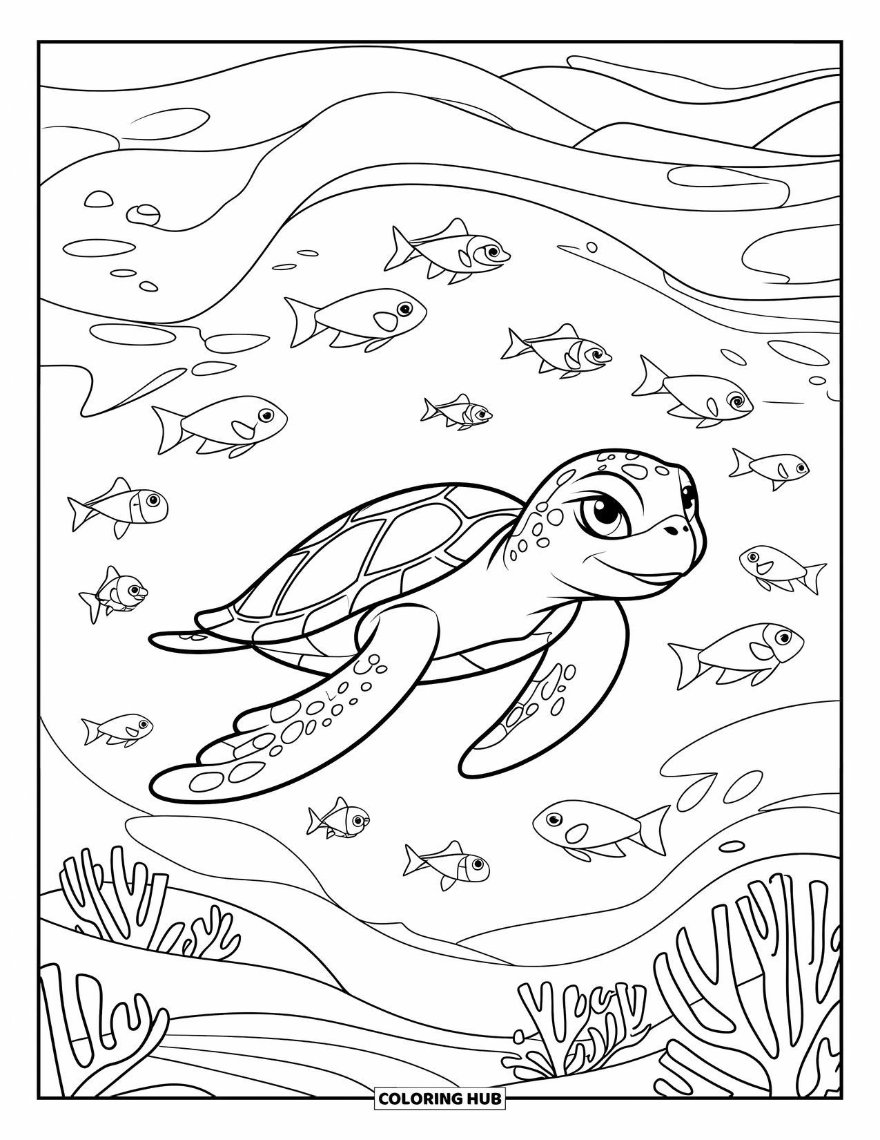 Desenho de Animais Marinhos para Crianças: Uma tartaruga calma flutua enquanto peixes giram através de corais em camadas