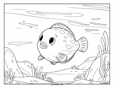 Ocean Animals Coloring Page for Kids: A cheerful blowfish floats with light swirls in calm underwater scenery