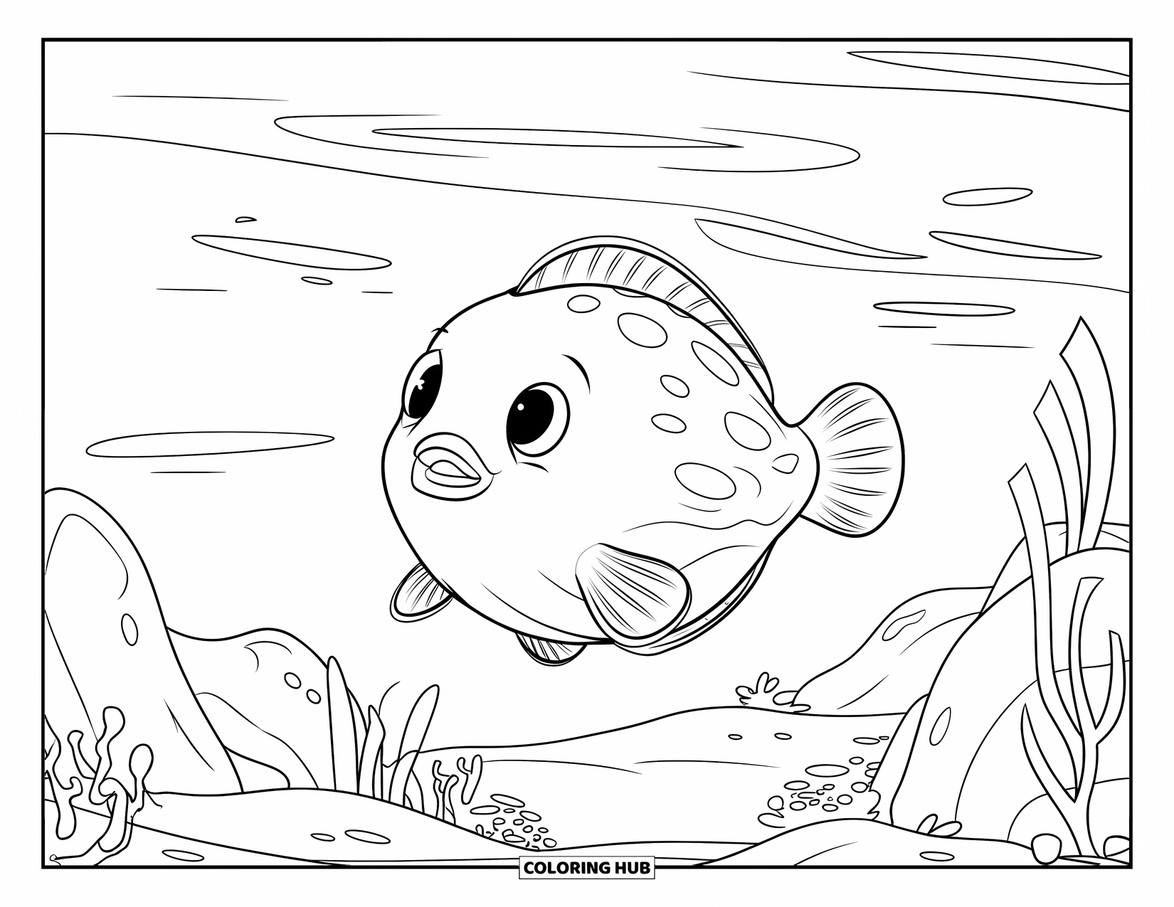 Desenho de Animais Marinhos para Crianças: Um baiacu alegre flutua com redemoinhos leves em um cenário subaquático calmo