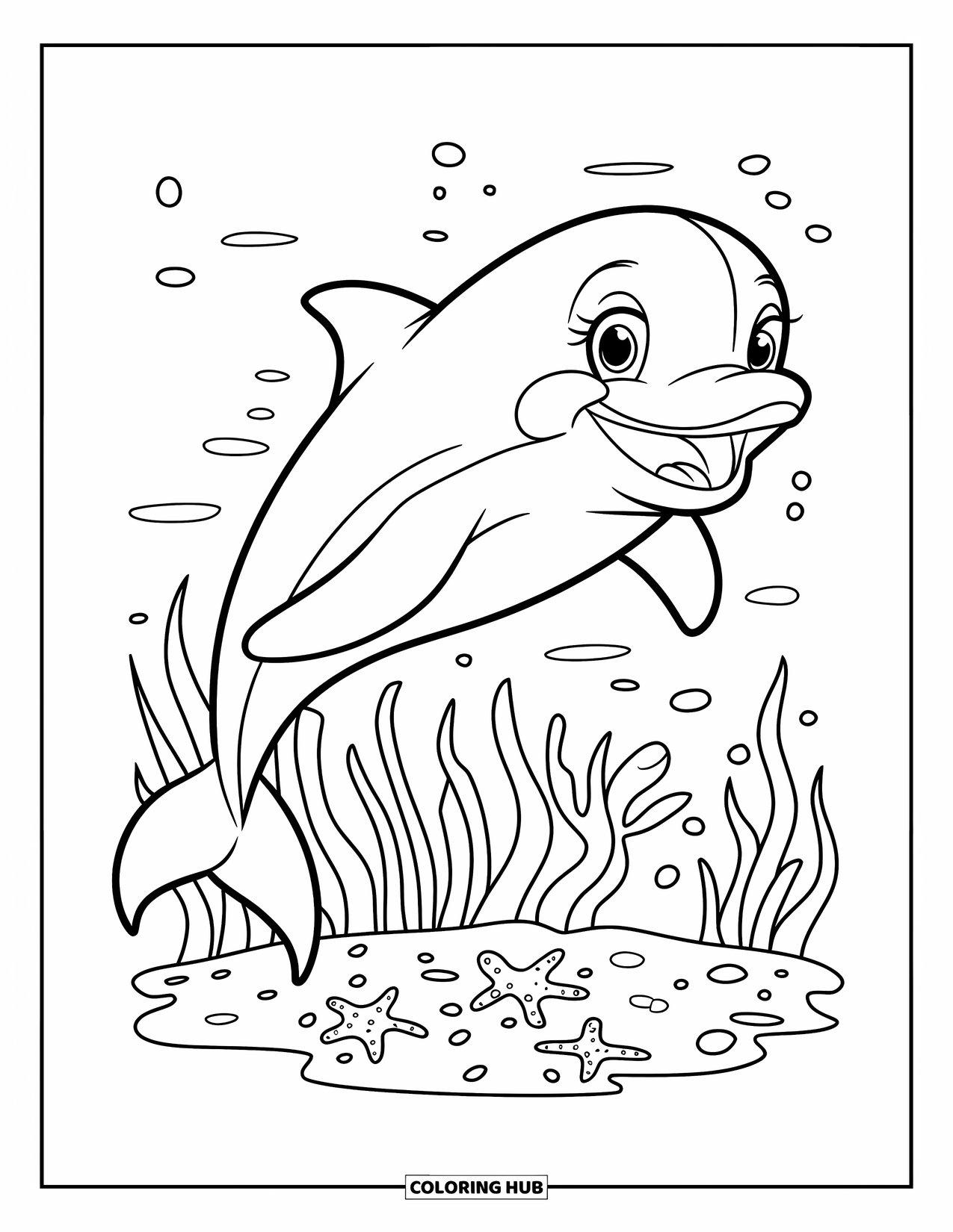 Desenho de Animais Marinhos para Crianças: Um golfinho alegre gira acima de um recife coberto de estrelas-do-mar e algas marinhas