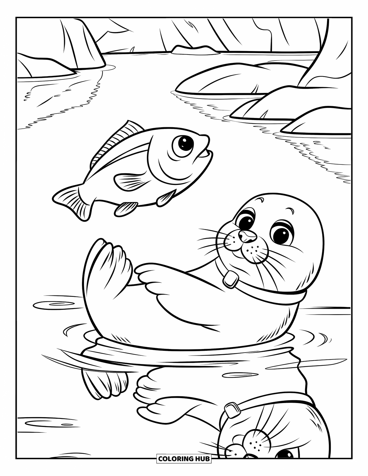 Desenho de Animais Marinhos para Crianças: Uma foca alegre deita de costas enquanto um peixe nada por perto