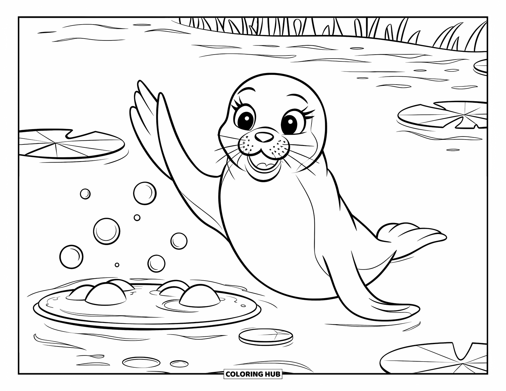 Desenho de Animais Marinhos para Crianças: Uma foca alegre acena perto de nenúfares e bolhas em água tranquila