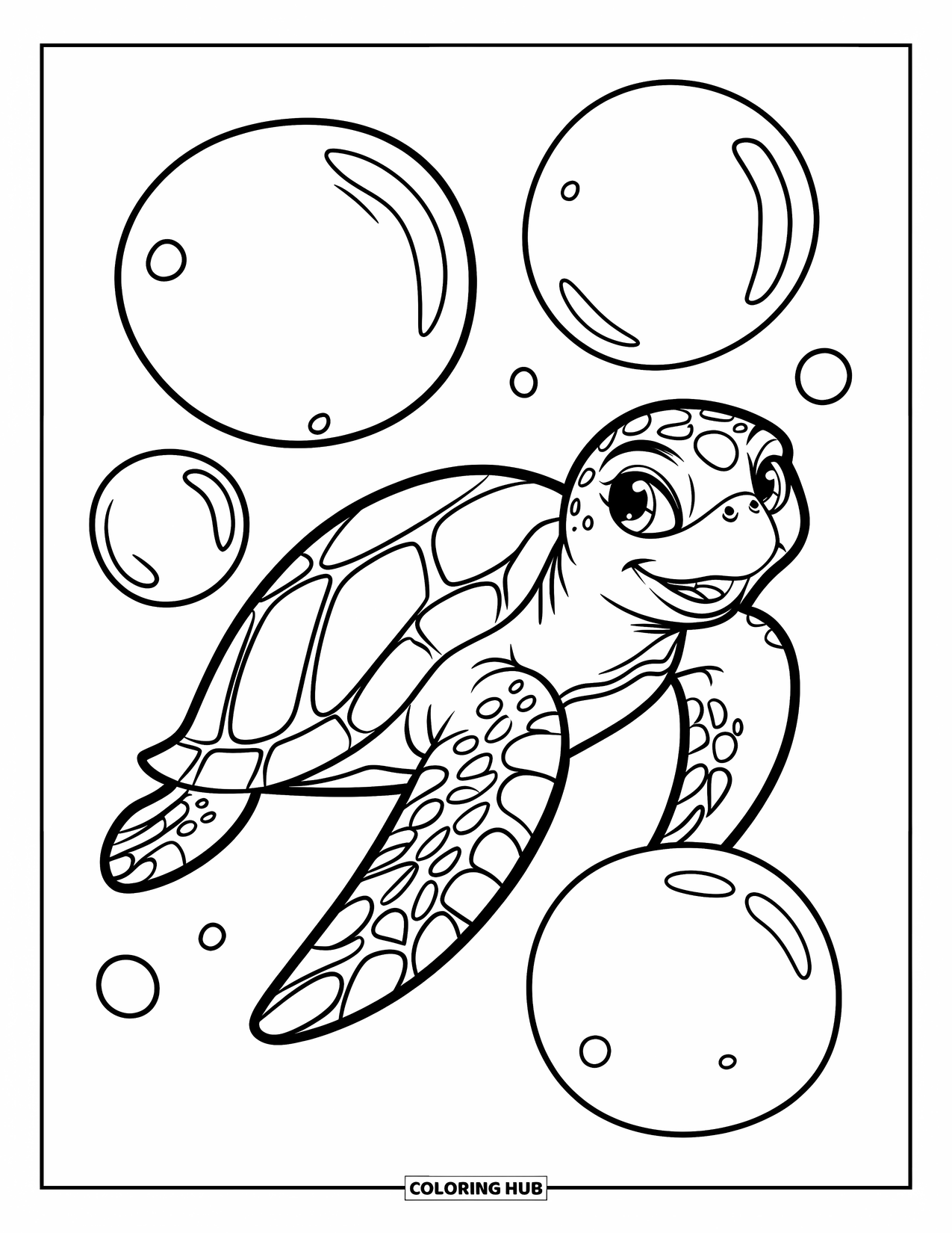 Desenho de Animais Marinhos para Crianças: Uma tartaruga alegre nada através da água cercada por bolhas e formas simples