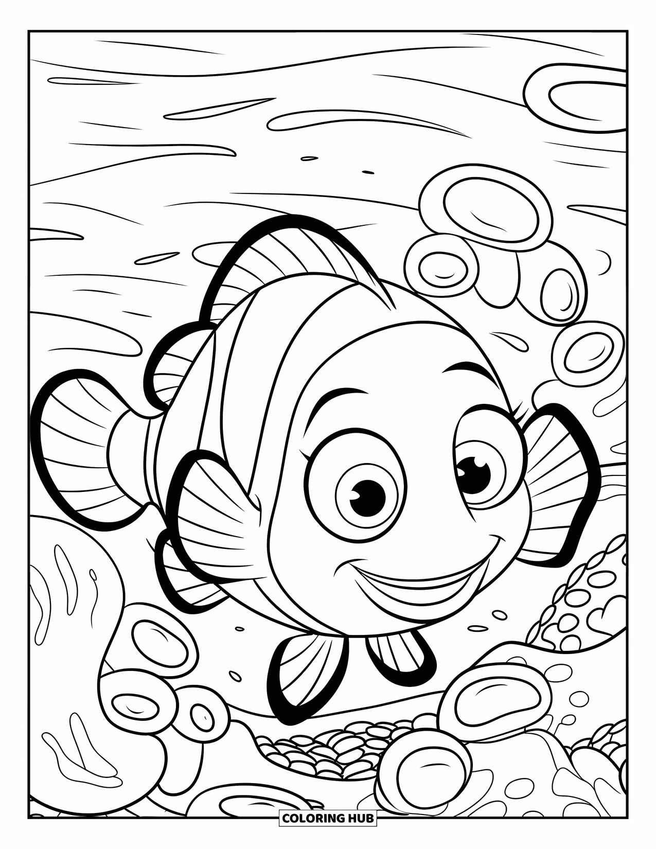 Desenho de Animais Marinhos para Crianças: Um peixe-palhaço explora tentáculos de anêmonas ondulantes e pequenos pedaços de coral