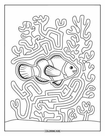 Ocean Animals Coloring Page for Kids: A clownfish glides through coral shaped like a swirling underwater maze