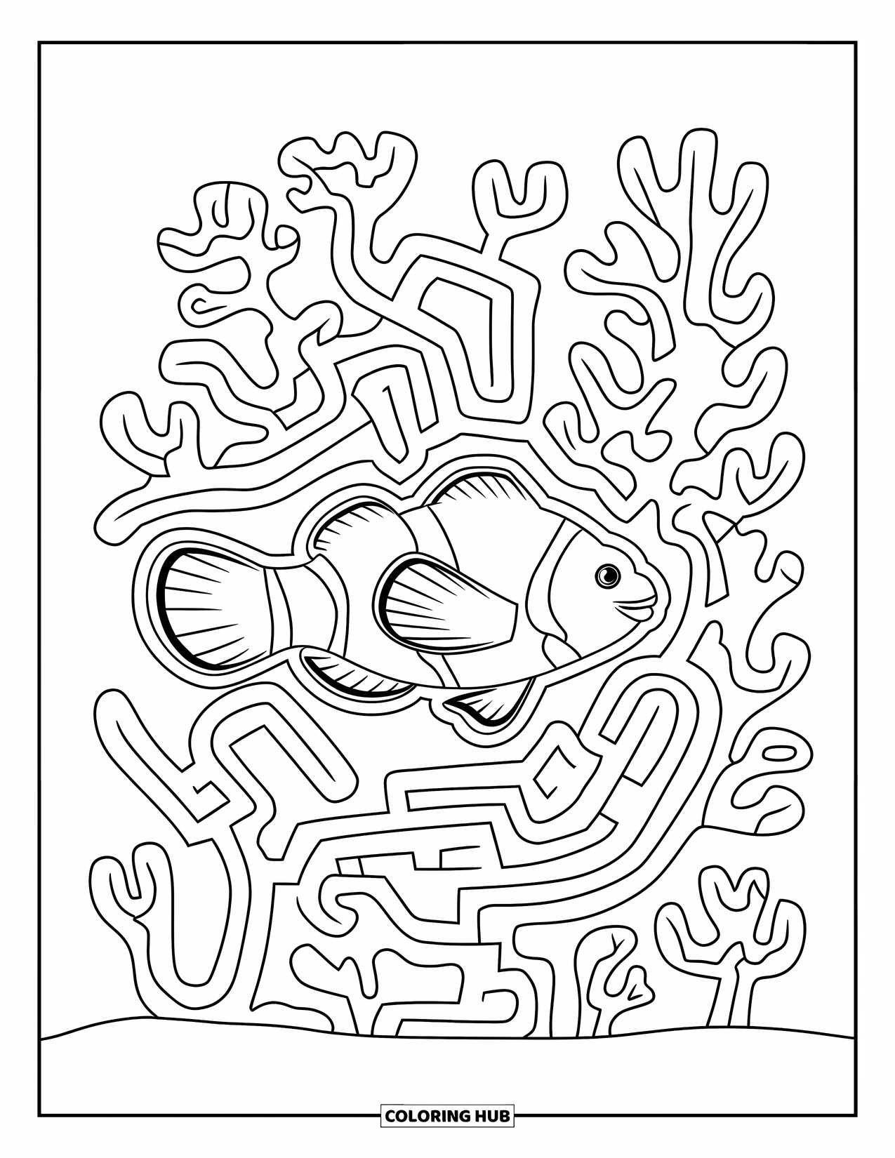 Desenho de Animais Marinhos para Crianças: Um peixe-palhaço desliza através de corais em forma de um labirinto subaquático rodopiante
