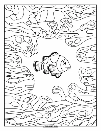 Ocean Animals Coloring Page for Kids: A clownfish swims through a maze of tall, swirling coral