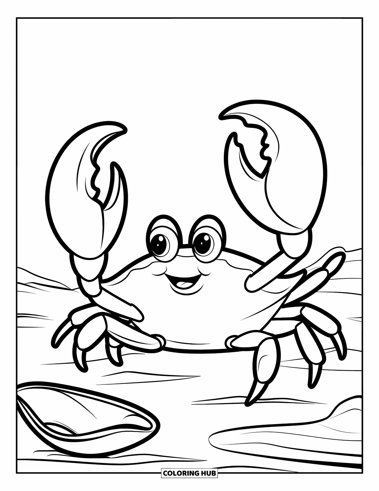 Desenho de Animais Marinhos para Crianças: Um caranguejo levanta suas garras ao lado de uma concha do mar em areia lisa