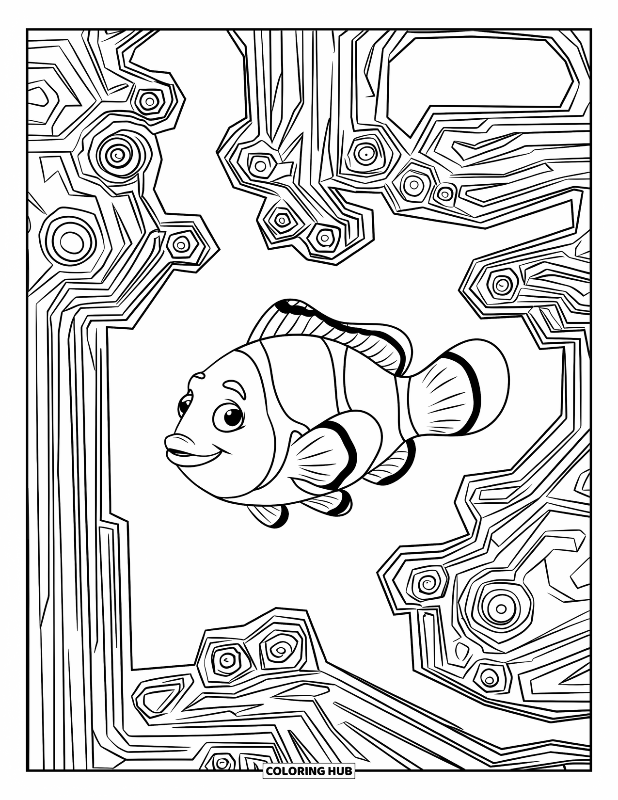 Desenho de Animais Marinhos para Crianças: Um peixe-palhaço curioso explora um intrincado labirinto de corais retorcidos