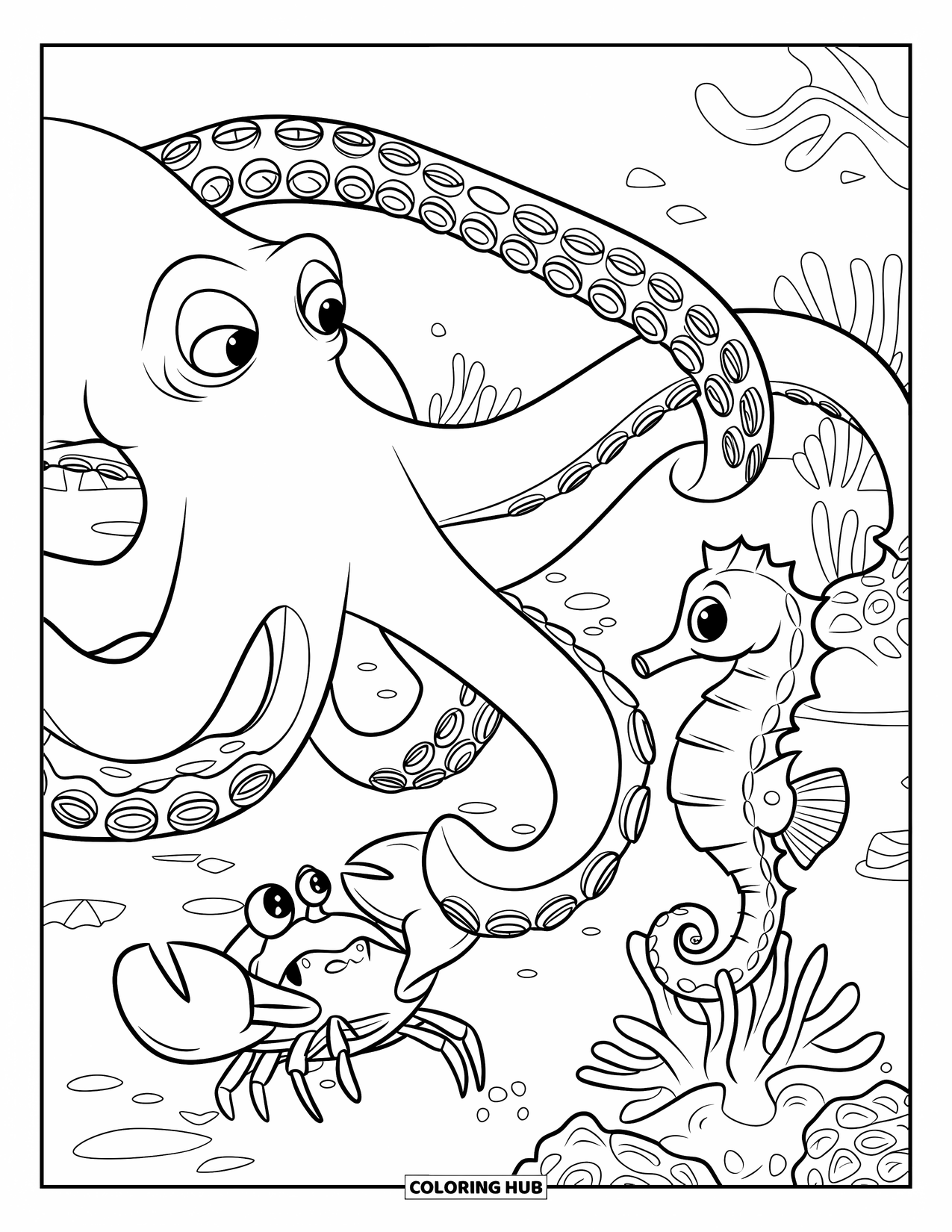 Desenho de Animais Marinhos para Crianças: Um polvo curioso interage com um caranguejo e um cavalo-marinho perto de recifes de corais