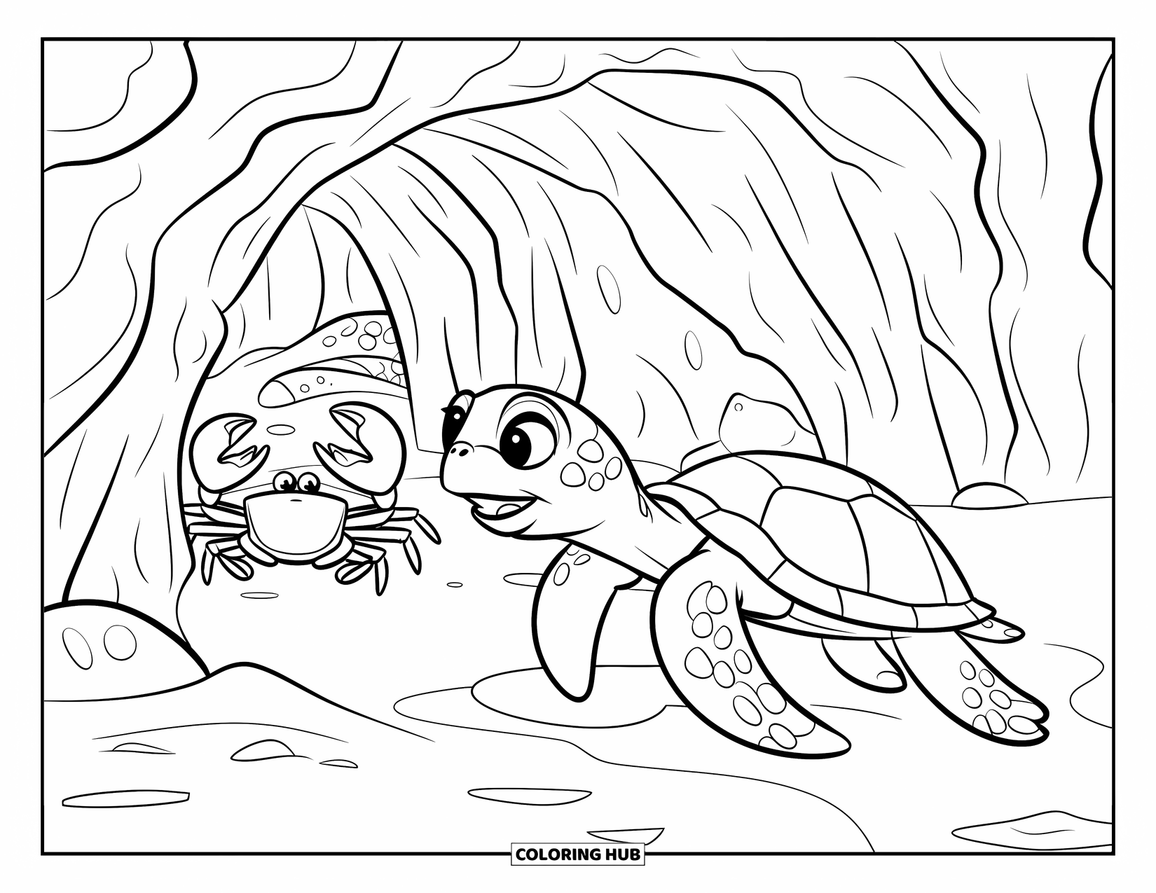 Desenho de Animais Marinhos para Crianças: Uma tartaruga curiosa verifica uma caverna rochosa enquanto criaturas marinhas espreitam de dentro