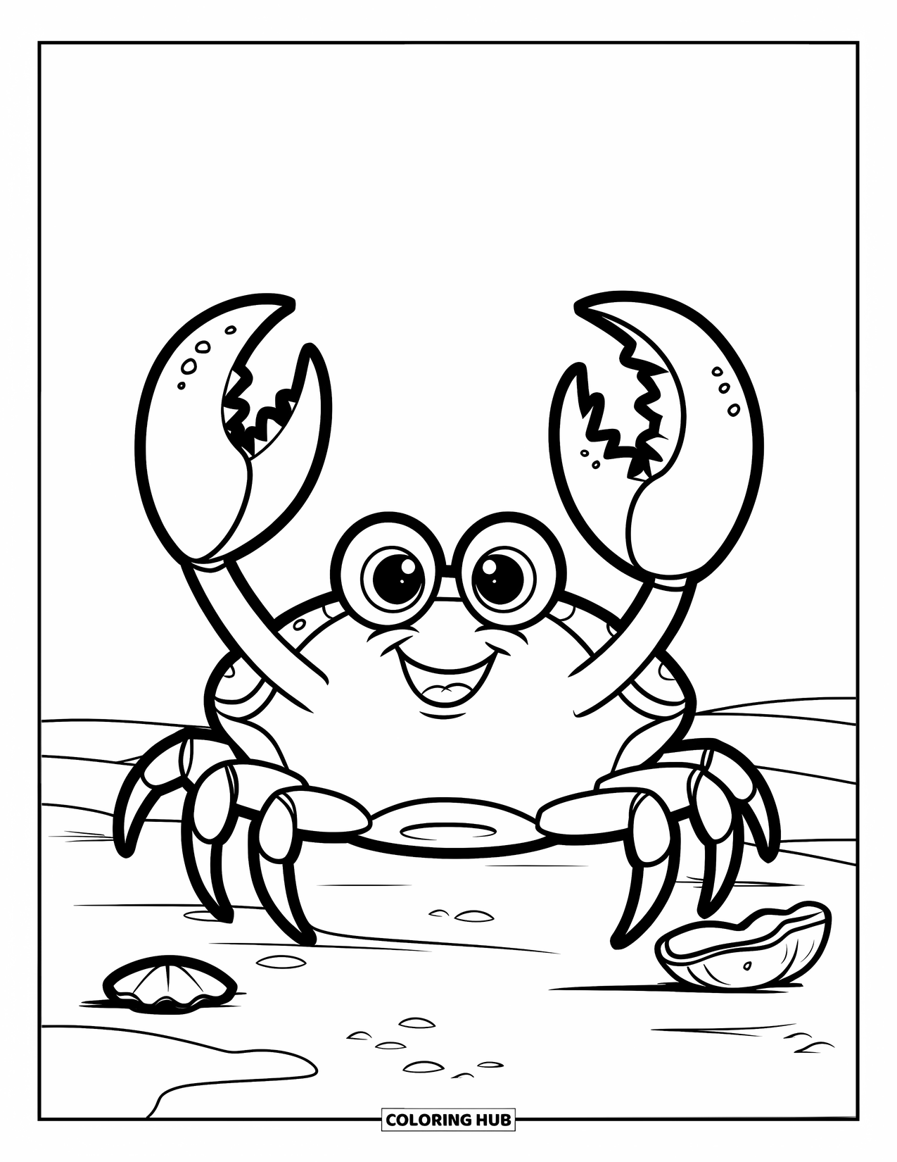 Desenho de Animais Marinhos para Crianças: Um caranguejo fofo com garras levantadas fica ao lado de uma concha em terreno arenoso