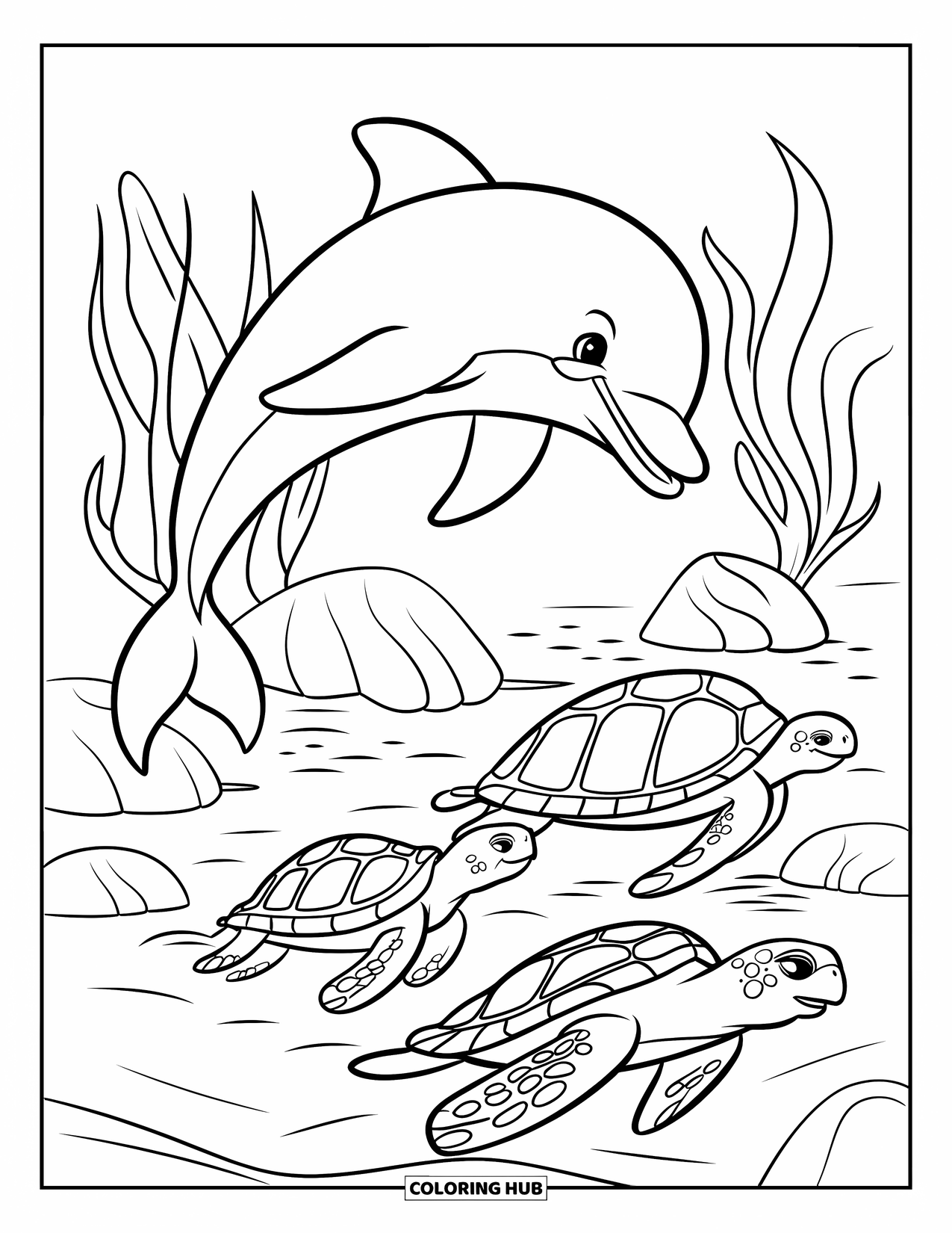 Desenho de Animais Marinhos para Crianças: Um golfinho salta acima de duas tartarugas deslizando perto de rochas cobertas de algas marinhas