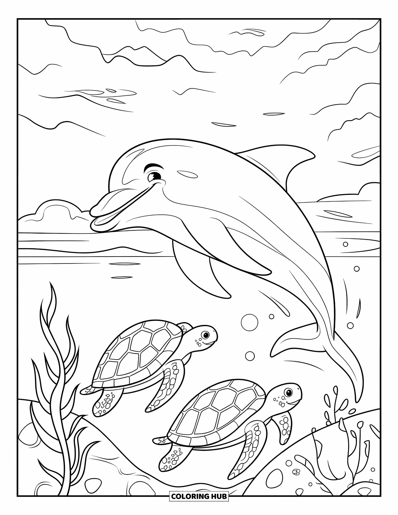 Desenho de Animais Marinhos para Crianças: Um golfinho salta da água enquanto duas tartarugas nadam perto de rochas de algas marinhas