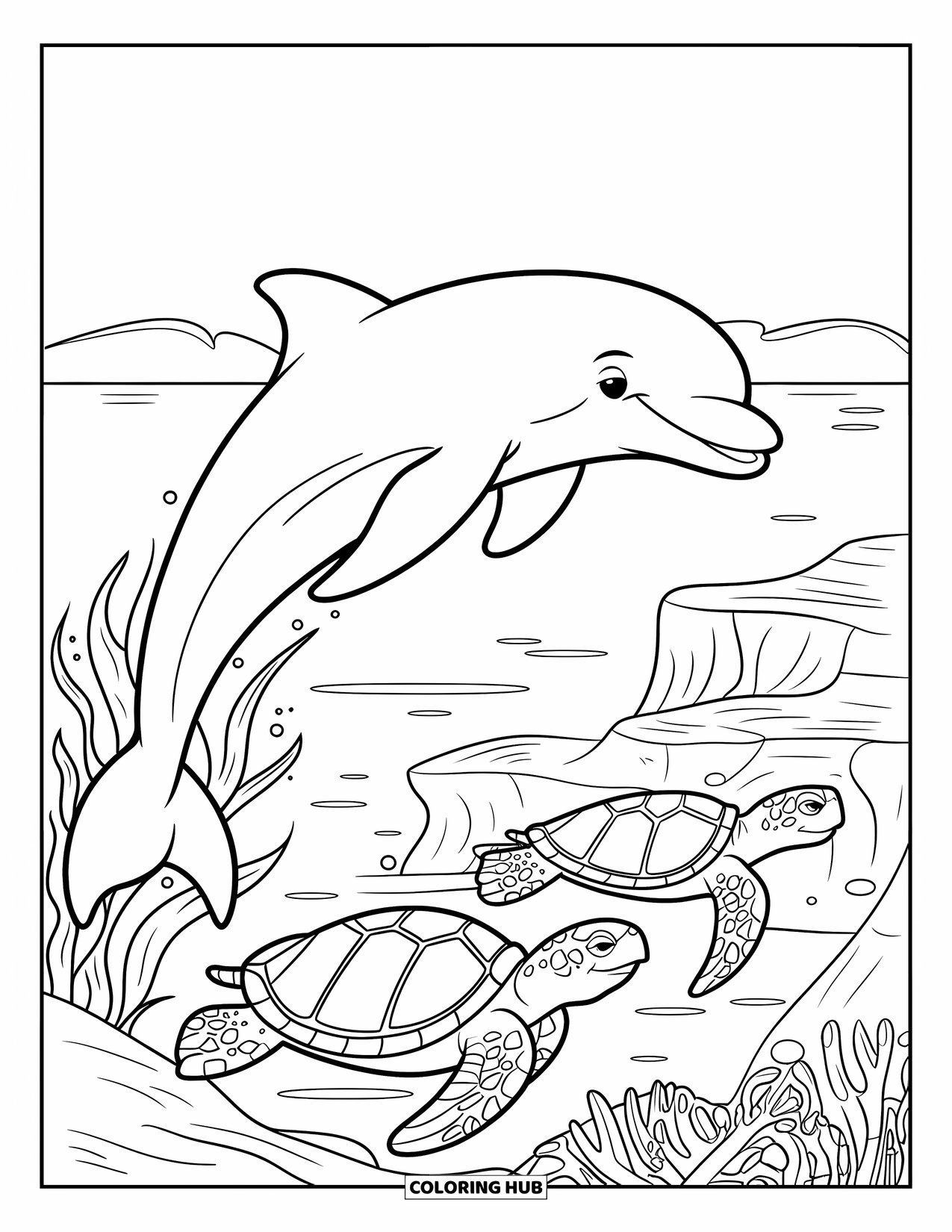 Desenho de Animais Marinhos para Crianças: Um golfinho voa acima de tartarugas marinhas perto de rochas e água calma