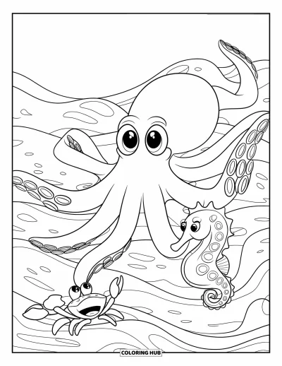 Ocean Animals Coloring Page for Kids: A friendly octopus reaches toward a crab and seahorse in the deep sea