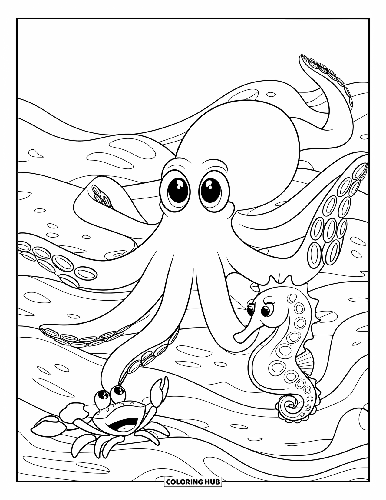 Desenho de Animais Marinhos para Crianças: Um polvo amigável alcança um caranguejo e um cavalo-marinho no mar profundo