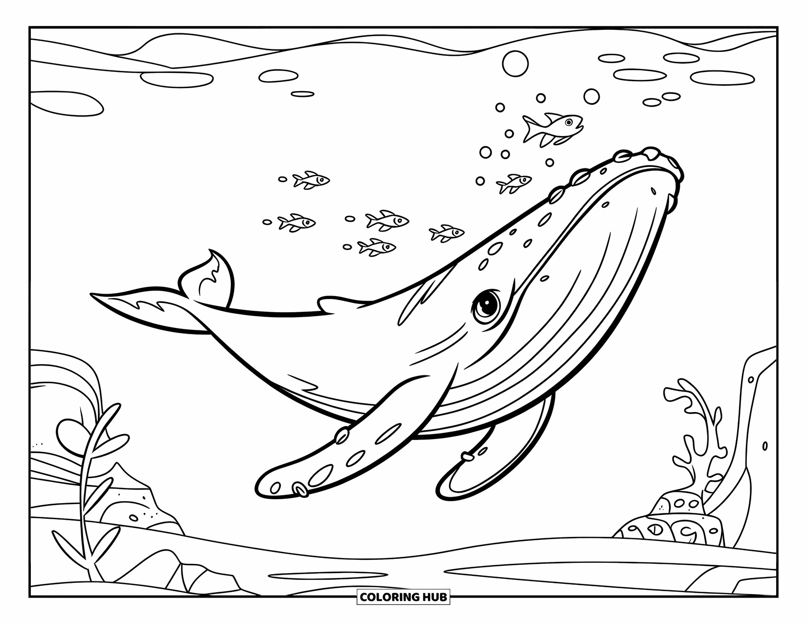 Desenho de Animais Marinhos para Crianças: Uma baleia gentil desliza por pequenos peixes e areia rochosa