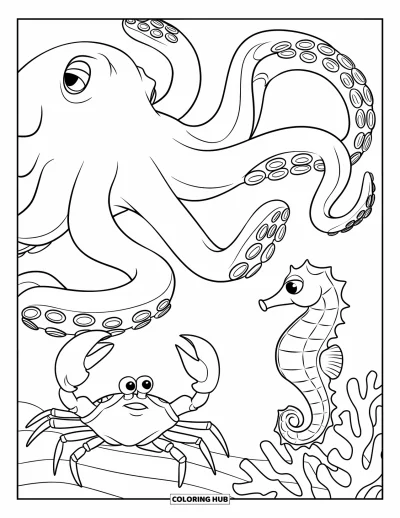 Ocean Animals Coloring Page for Kids: A giant octopus reaches toward a crab and a curious seahorse