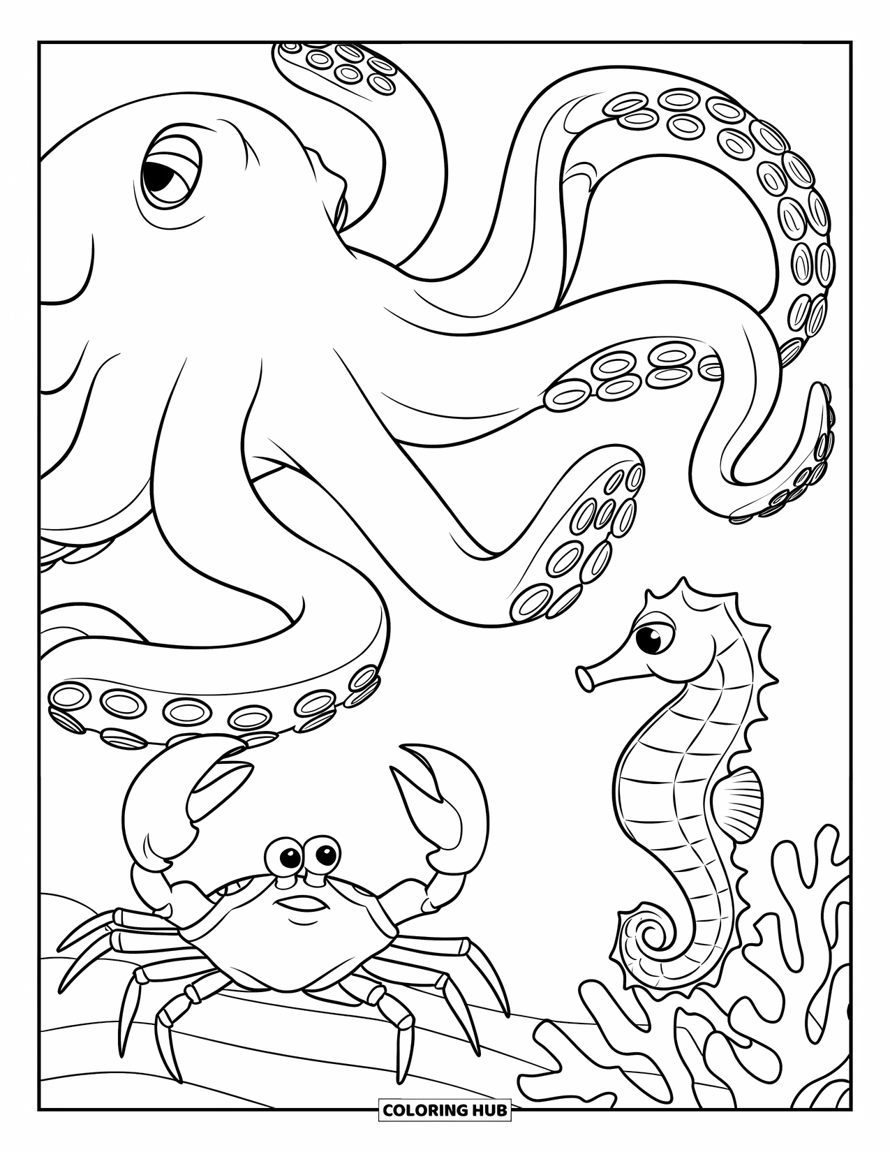 Desenho de Animais Marinhos para Crianças: Um polvo gigante alcança um caranguejo e um cavalo-marinho curioso