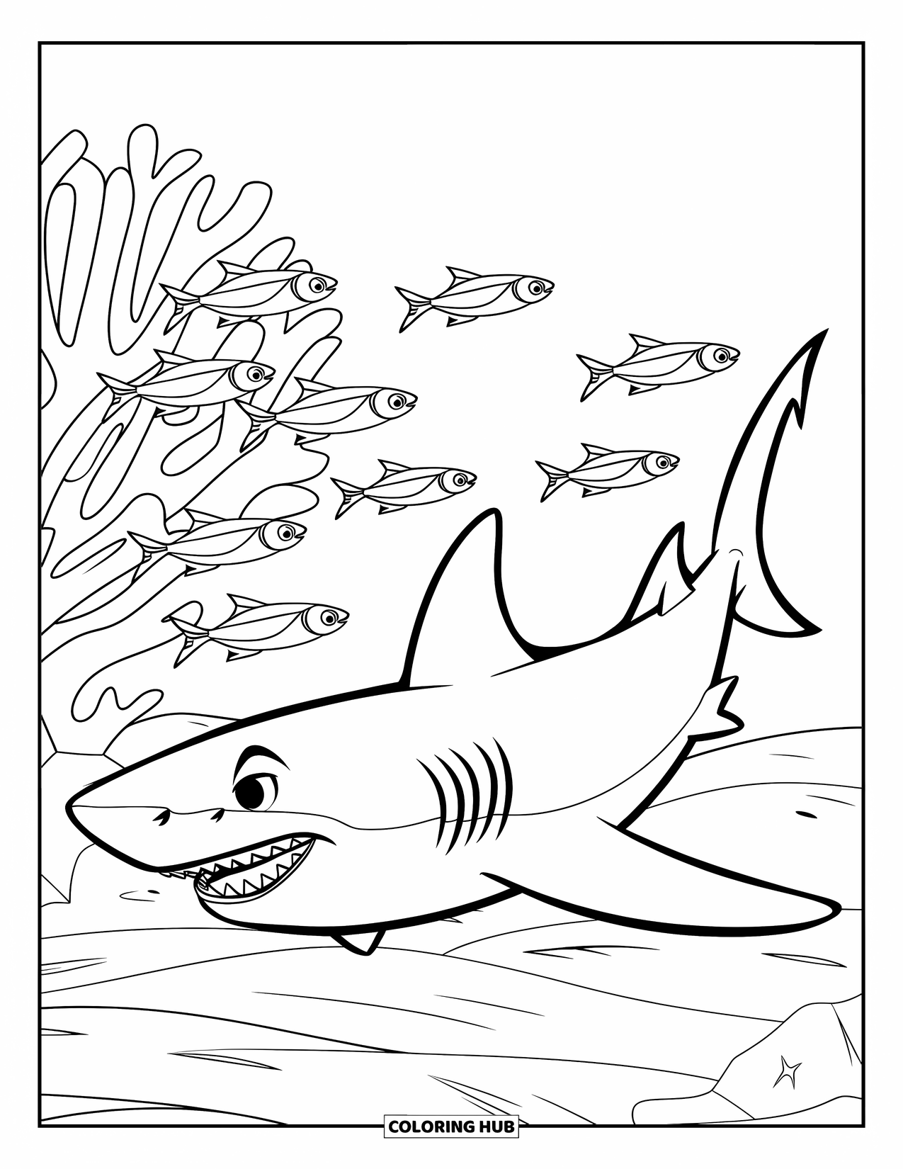 Desenho de Animais Marinhos para Crianças: Um tubarão sorrindo nada atrás de um grupo de peixes em pânico