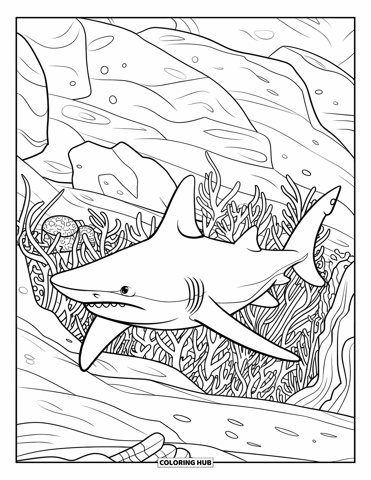 Desenho de Animais Marinhos para Crianças: Um tubarão-martelo desliza através de corais e plantas subaquáticas