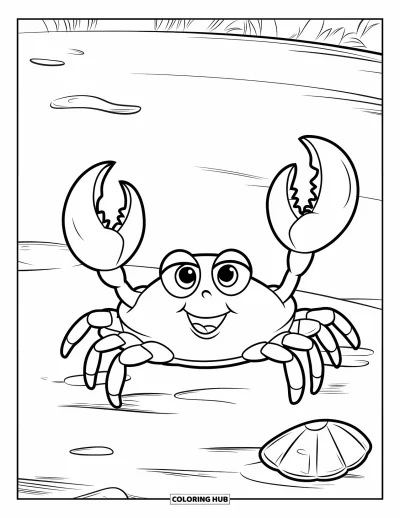 Ocean Animals Coloring Page for Kids: A happy crab raises its claws beside a shell on soft white sand