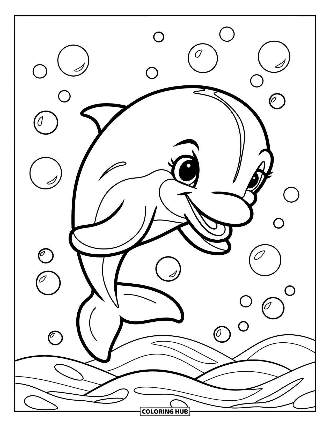 Desenho de Animais Marinhos para Crianças: Um golfinho feliz salta sobre pequenas ondas com algumas bolhas ao redor