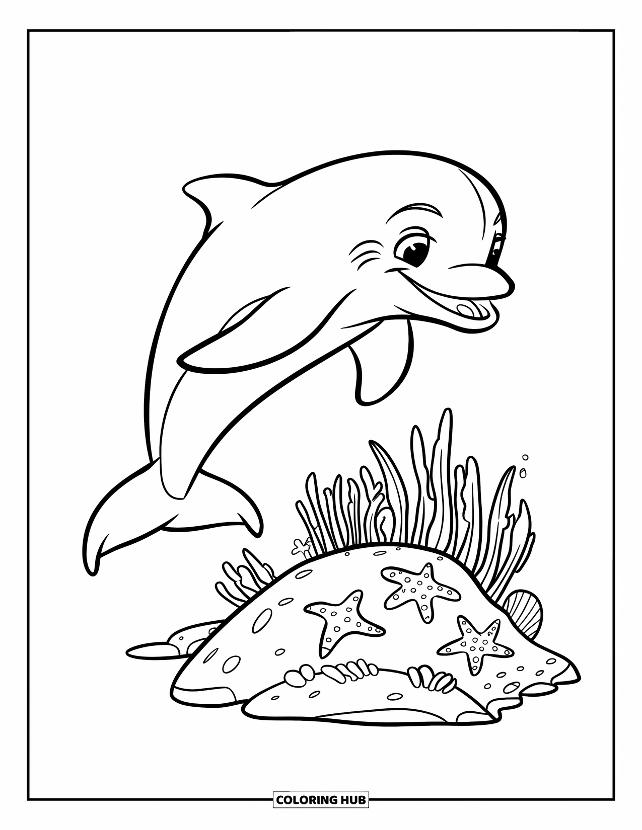 Desenho de Animais Marinhos para Crianças: Um golfinho feliz salta perto de um recife com algas marinhas e estrelas-do-mar embaixo