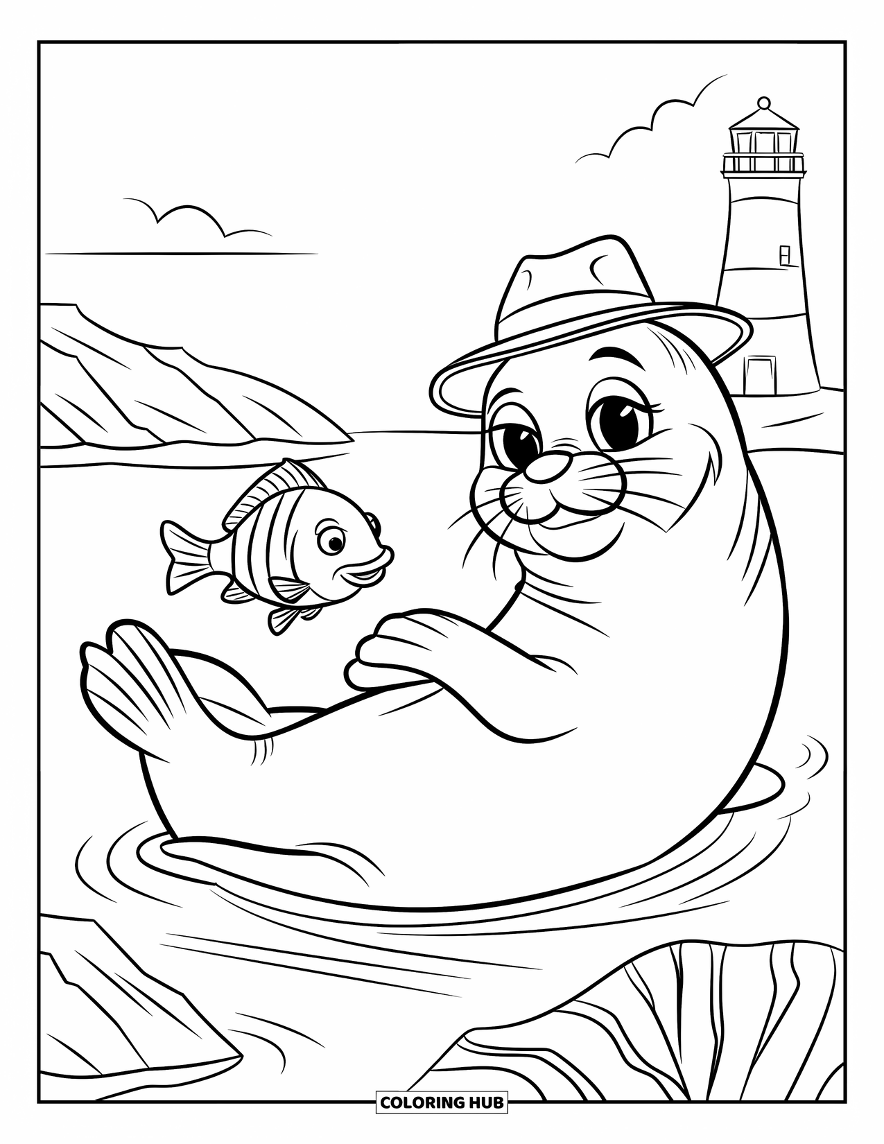 Desenho de Animais Marinhos para Crianças: Uma foca feliz flutua de costas enquanto um peixe nada por perto