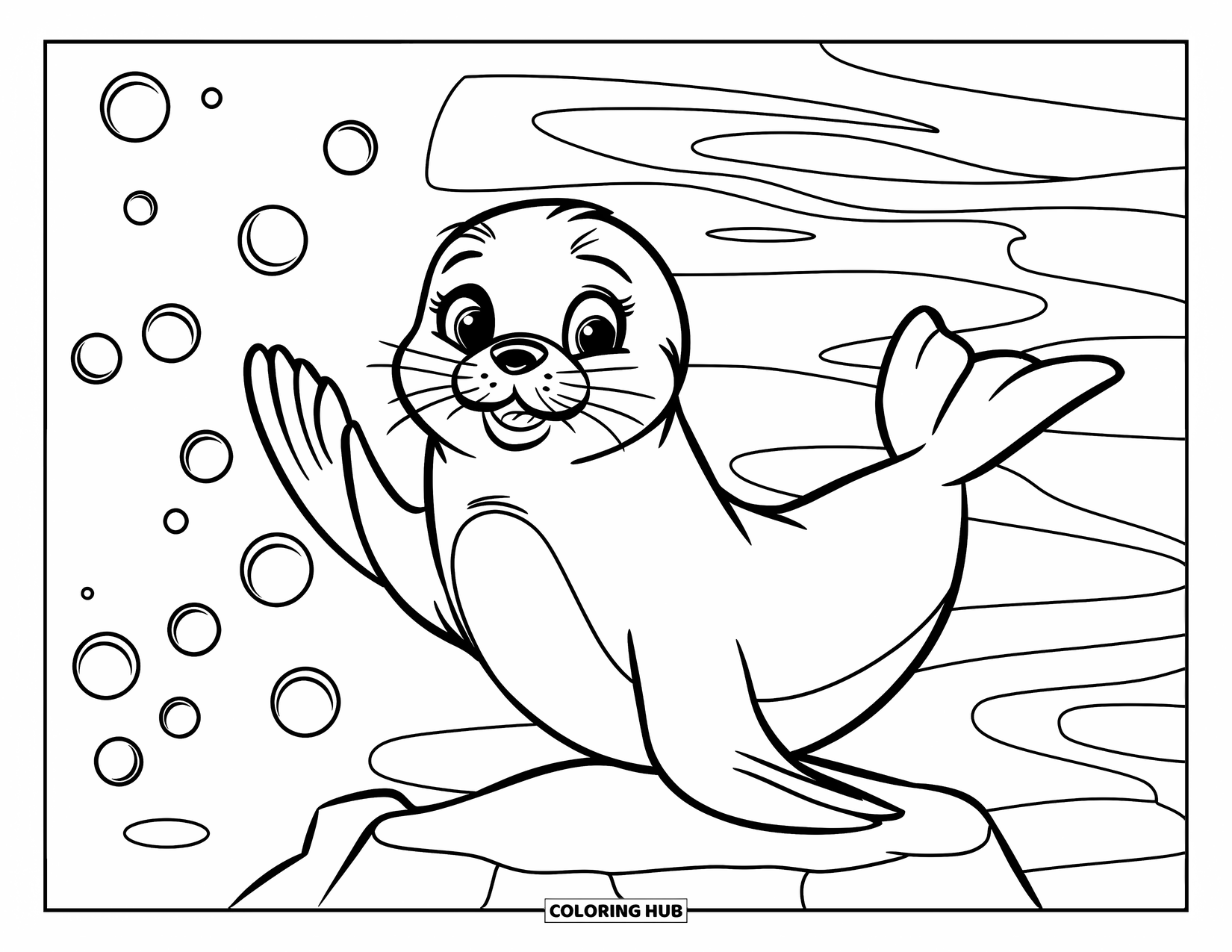 Desenho de Animais Marinhos para Crianças: Uma foca feliz em uma rocha acena para bolhas no mar calmo