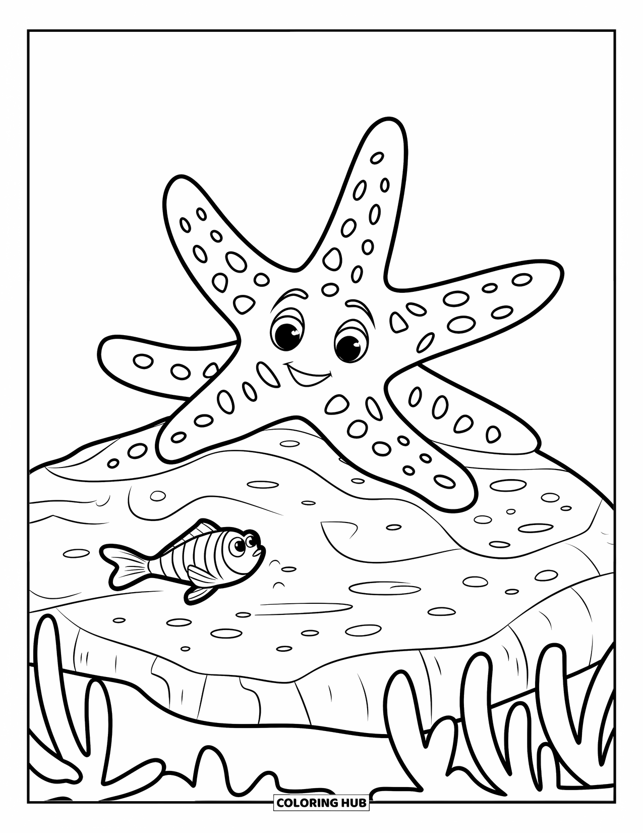 Desenho de Animais Marinhos para Crianças: Uma estrela-do-mar feliz descansa perto de um peixe em águas oceânicas calmas