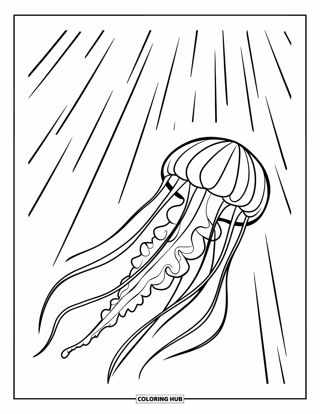 Desenho de Animais Marinhos para Crianças: Uma água-viva flutua suavemente perto de raios de sol brilhando através da água
