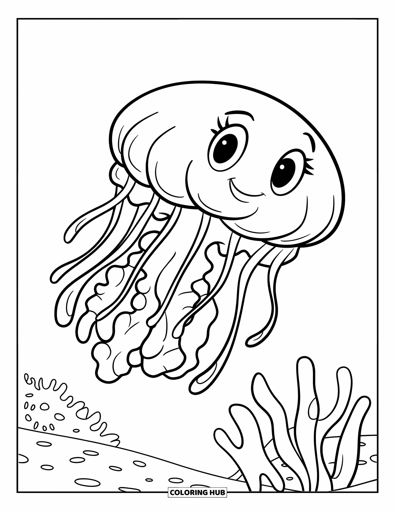 Desenho de Animais Marinhos para Crianças: Uma água-viva com grandes tentáculos flutua perto de algas marinhas em água oceânica calma