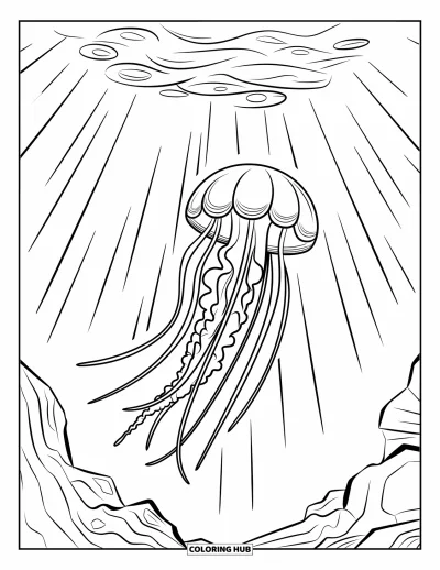 Ocean Animals Coloring Page for Kids: A jellyfish with trailing arms floats through sunlit ocean water