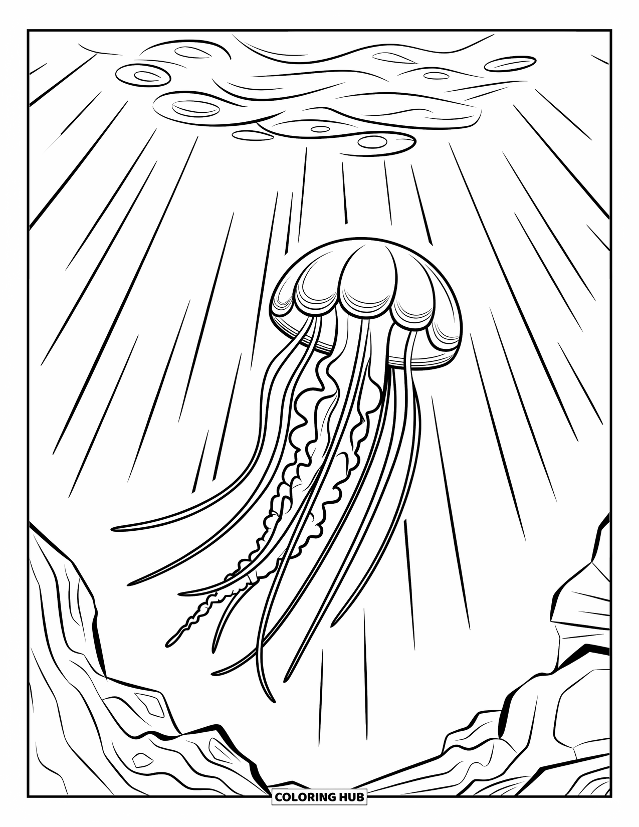 Desenho de Animais Marinhos para Crianças: Uma água-viva com braços longos flutua através da água do oceano iluminada pelo sol