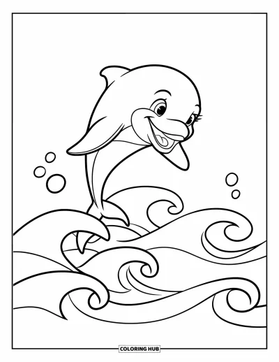 Ocean Animals Coloring Page for Kids: A joyful dolphin flips above gentle waves and scattered bubbles