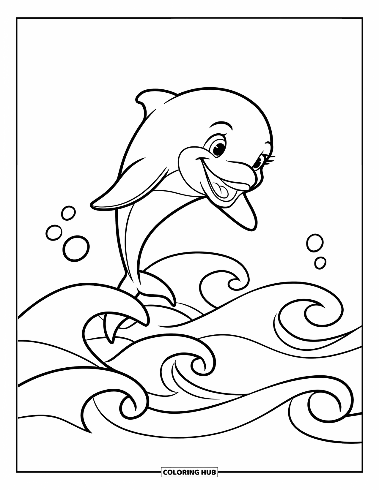 Desenho de Animais Marinhos para Crianças: Um golfinho alegre gira acima de ondas suaves e bolhas espalhadas